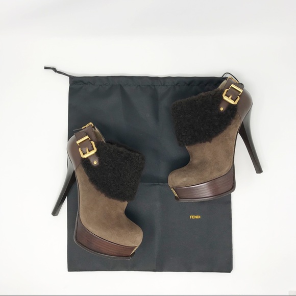 Fendi Shearling Fur Suede Ankle Booties Size 9 - Picture 6 of 8